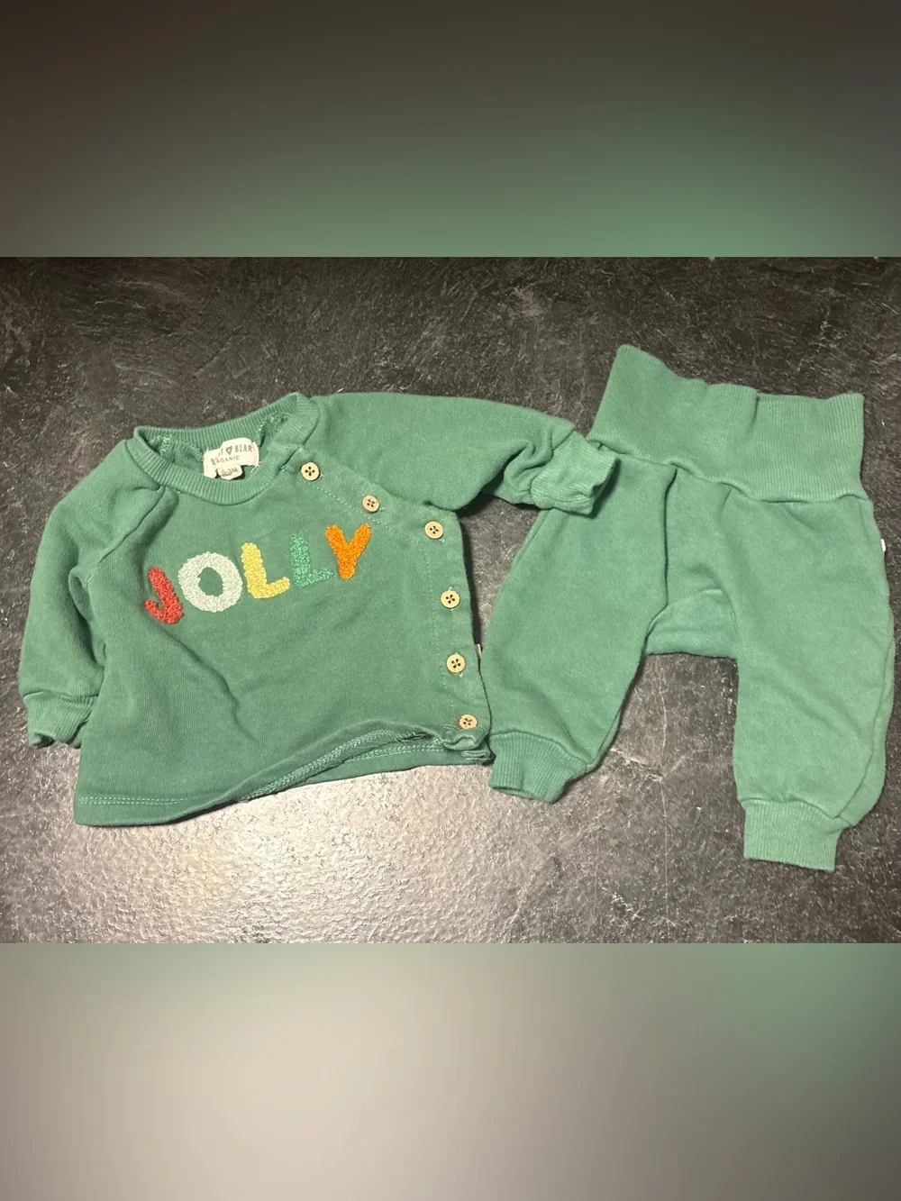 Green Baby Sweat Set with Colorful 'JOLLY' Embroidery festive outfit 0-3 months